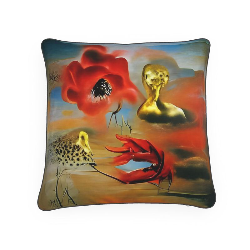 Red flowers and gold birds cushion cover