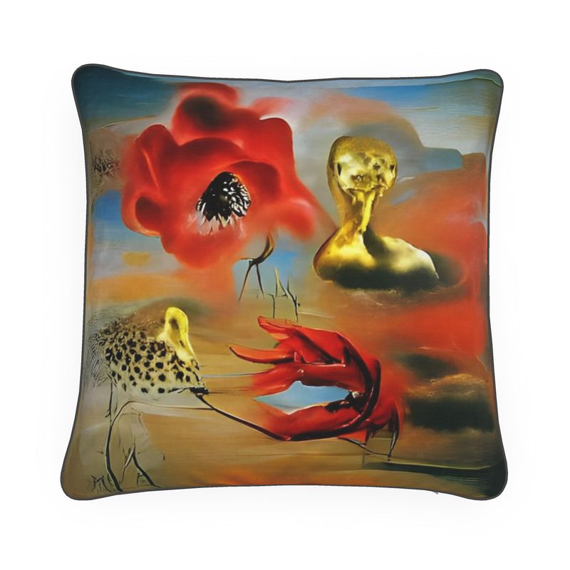 Red flowers and gold birds cushion cover