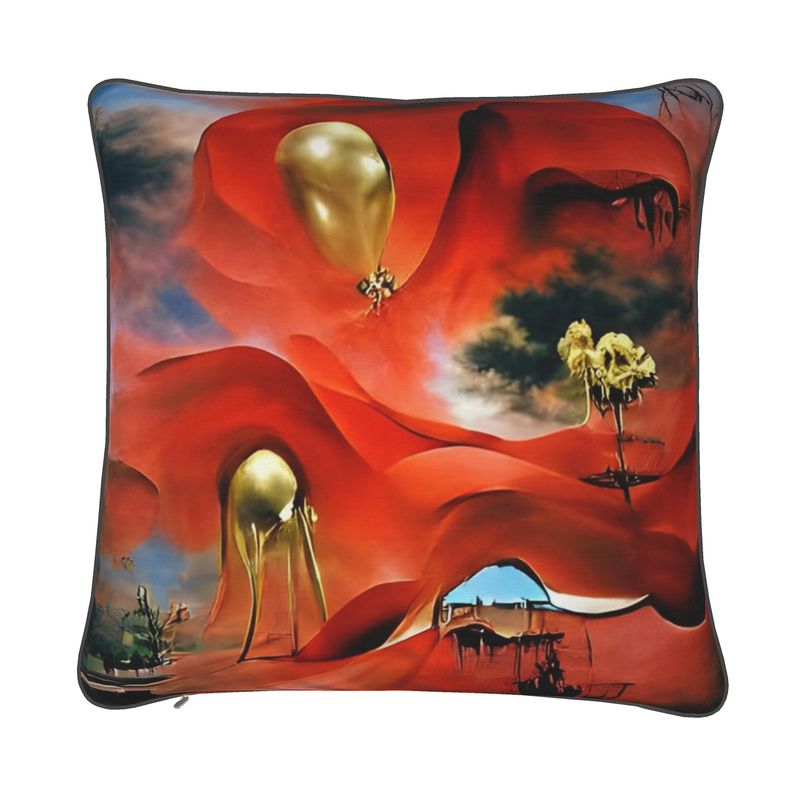 Red flowers and gold birds cushion cover