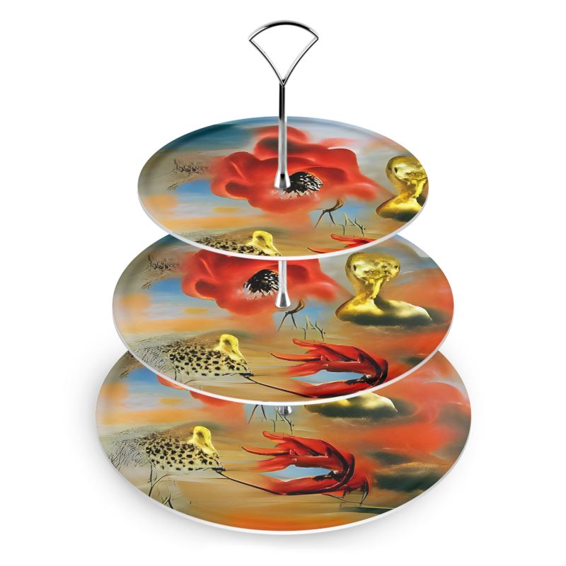 Red flowers and gold birds Cake Stand