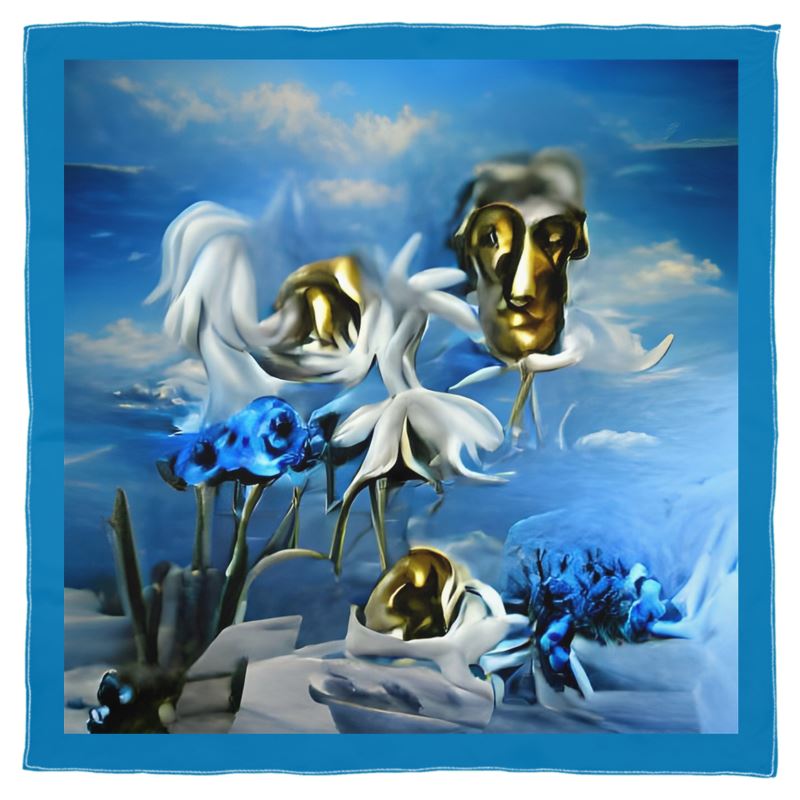 Scarf with surreal white and blue flowers