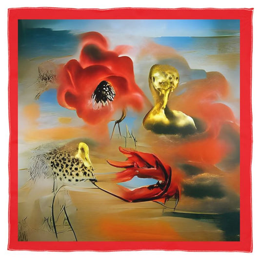 Contemporary print scarf. Red flowers and golden birds